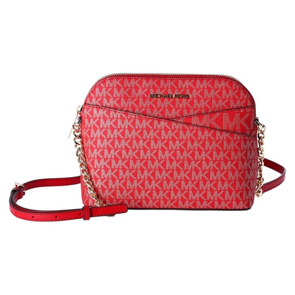 Michael Kors Jet Set Travel Dome Crossbody Bag Metallic Gold Bright Red MK Gold - Picture 3 of 6